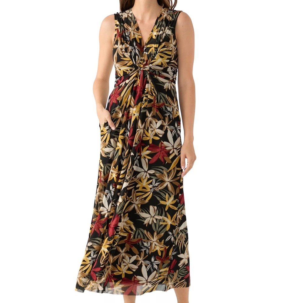 Anne Klein Printed Twist Front Maxi V Neck Sleeveless Dress Womens Size XS NWT